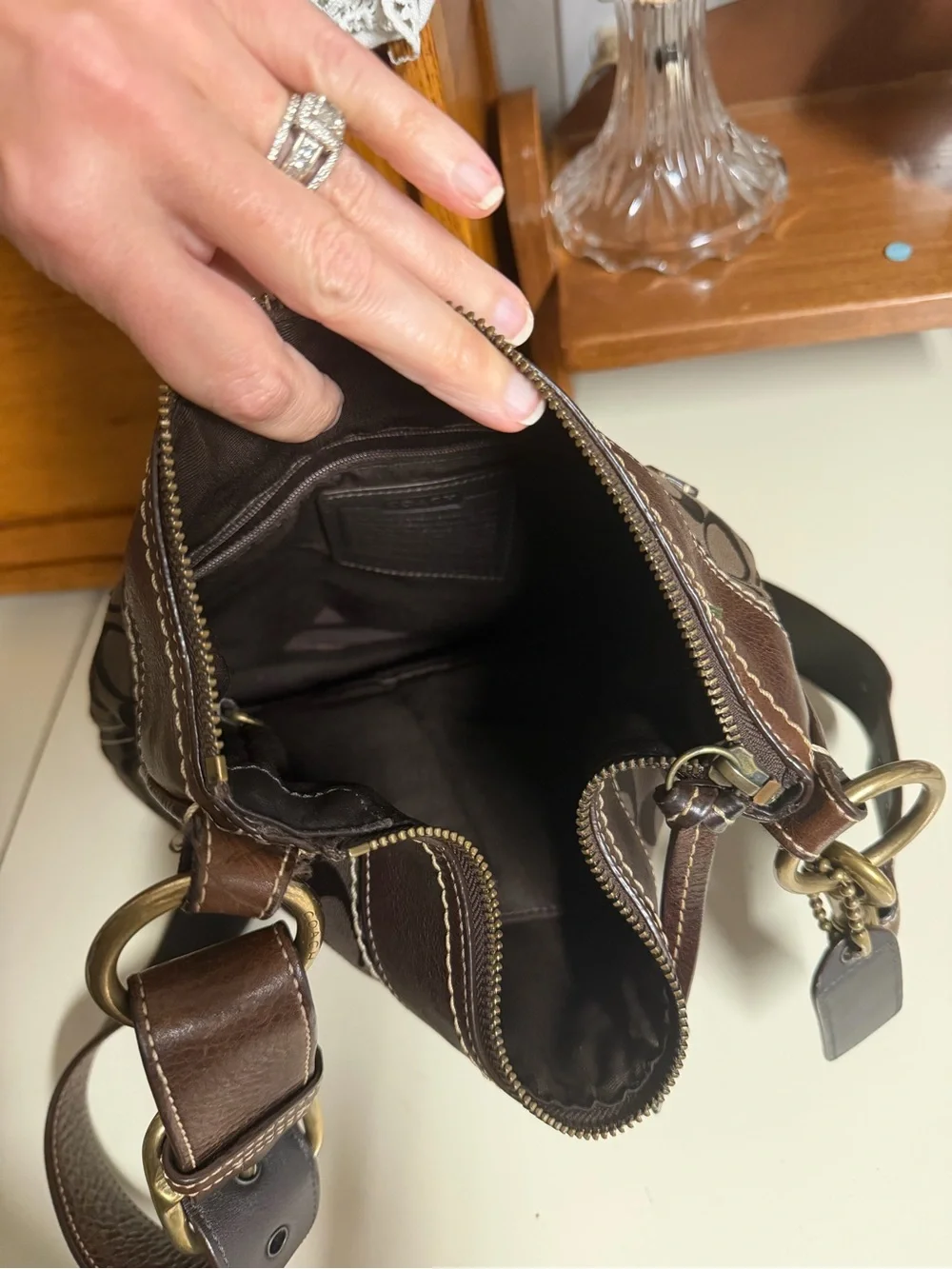 Coach Brown Signature Monogram Crossbody Bag with Dark Leather Trim